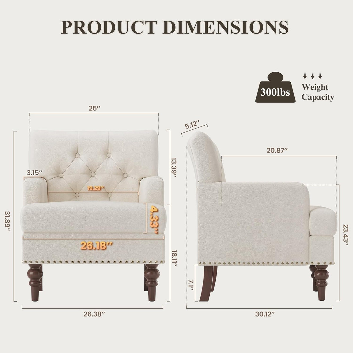 MALOL Modern Accent Chairs Set of 2 for Living Room, Comfy Bedroom Reading Armchair, Upholstered Single Sofa Chair with Thick Cushion &Wood Legs for Small Spaces, Beige