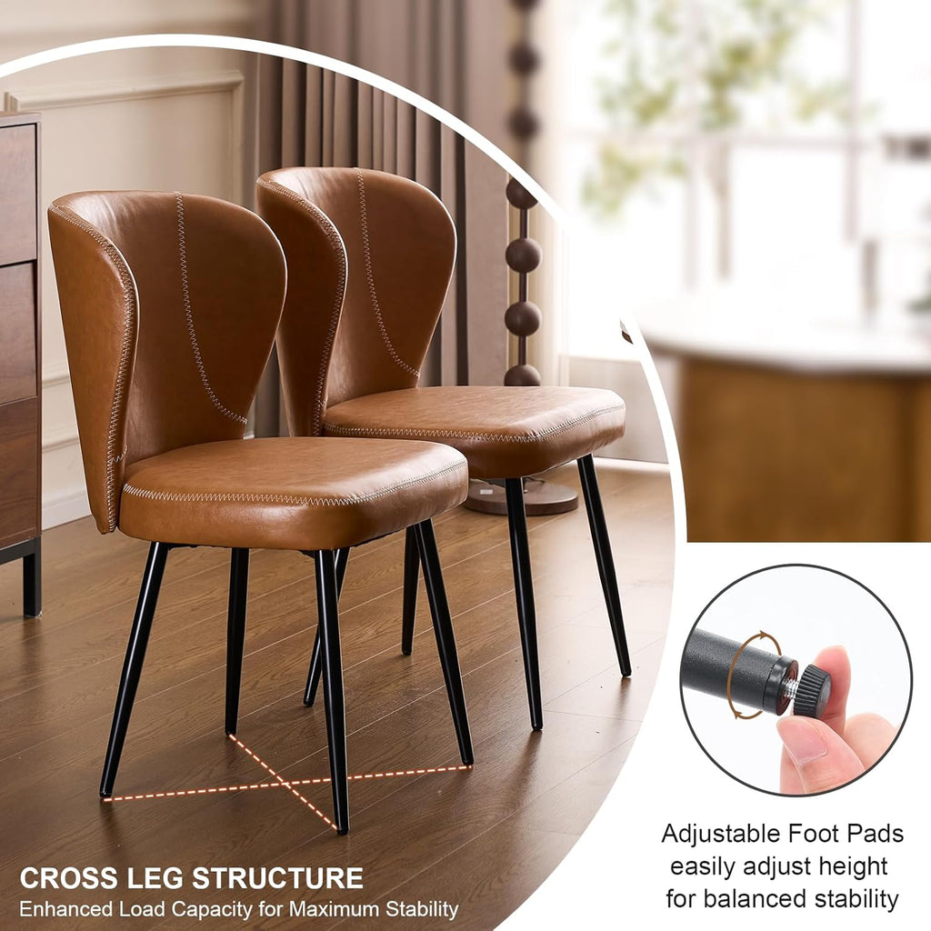 Dining Chairs Set of 2, Upholstered Synthetic Leather Kitchen Chairs, Mid-Century Modern Dining Room Chairs with Thick Cushion, Stitching Backrest and Metal Legs, Brown