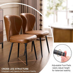 Dining Chairs Set of 2, Upholstered Synthetic Leather Kitchen Chairs, Mid-Century Modern Dining Room Chairs with Thick Cushion, Stitching Backrest and Metal Legs, Brown