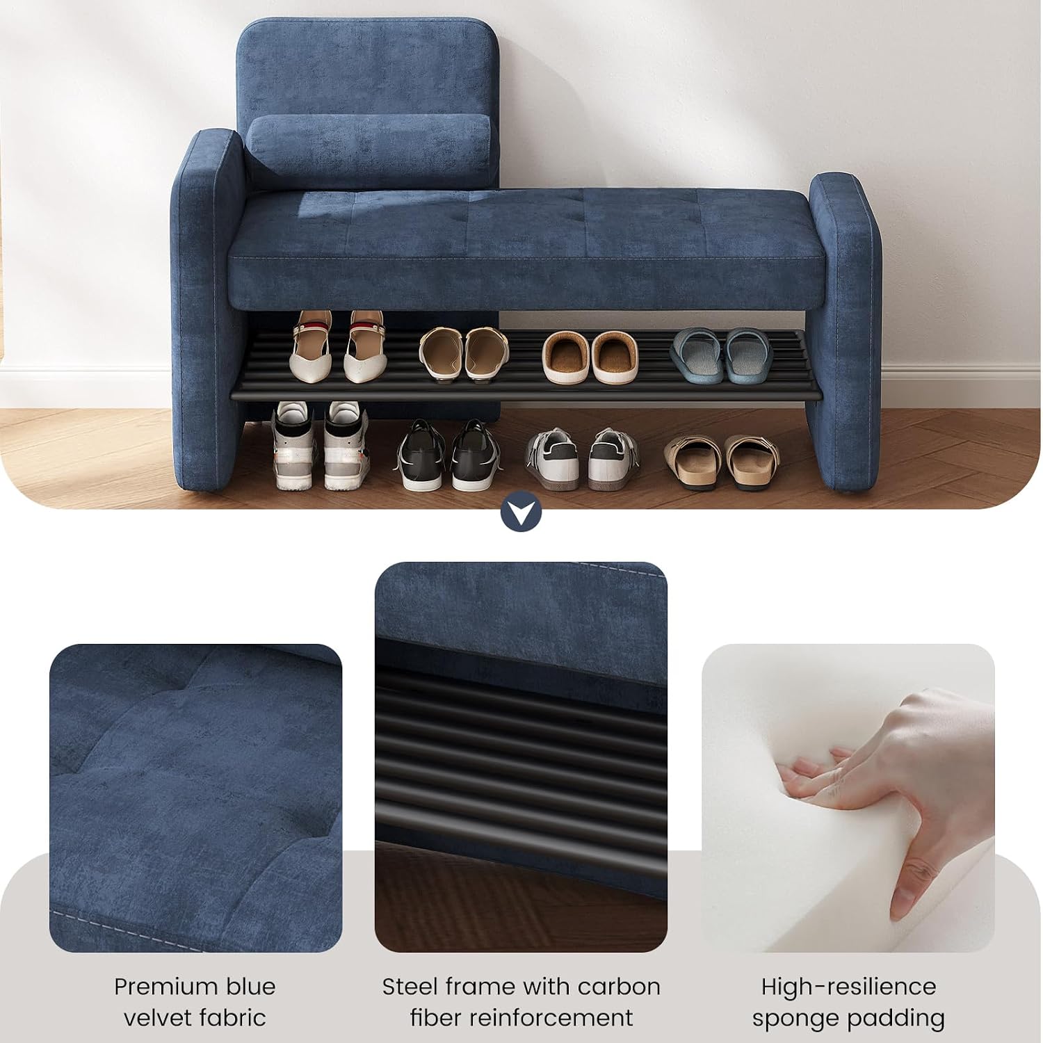 Miuuod 40.94" Navy Blue Upholstered Shoe Storage Bench with Adjustable Backrest,2-Tier Entryway Cabinet Ottoman,Bedroom Stool with Cushion, Narrow Hallway Organizer Shelf Seat for Living Room & Dorm