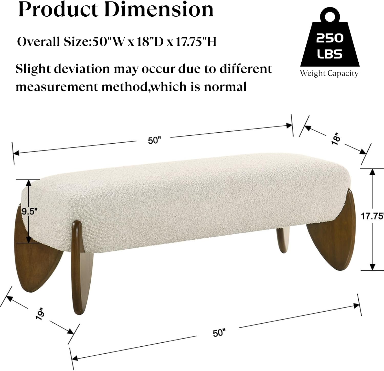 Ya-Home Modern Boucle Bedroom Bench, 50” Upholstered End of Bed Bench with Comfy Seat/Solid Wood Legs, Wooden Entryway Window Ottoman Bench for Living Room/Hallway, Beige