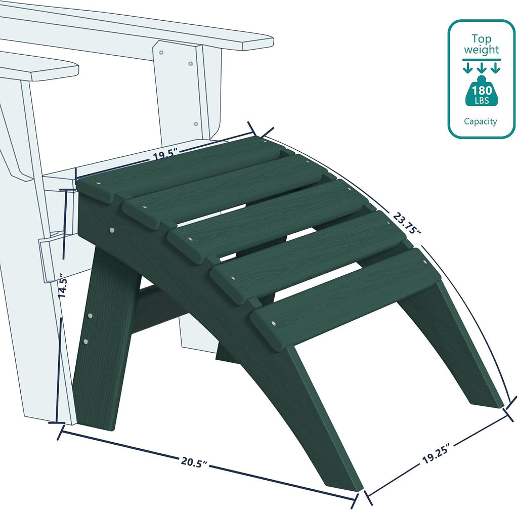 Plawdlik Folding Ottoman for Adirondack Chair–HDPE All-Weather Footrest for Outdoor Use, Garden & Poolside– Anti-Cracking, Fade-Resistant, Easy Assembly–Green