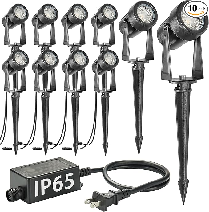 SUNTHIN Outdoor Landscape Lighting, 10 Pack Outdoor Spot Lights with Transformer for Yard, Plant, Lawn, Tree, Flags, House, Garden, Fence Use, IP65 Waterproof & Connectable