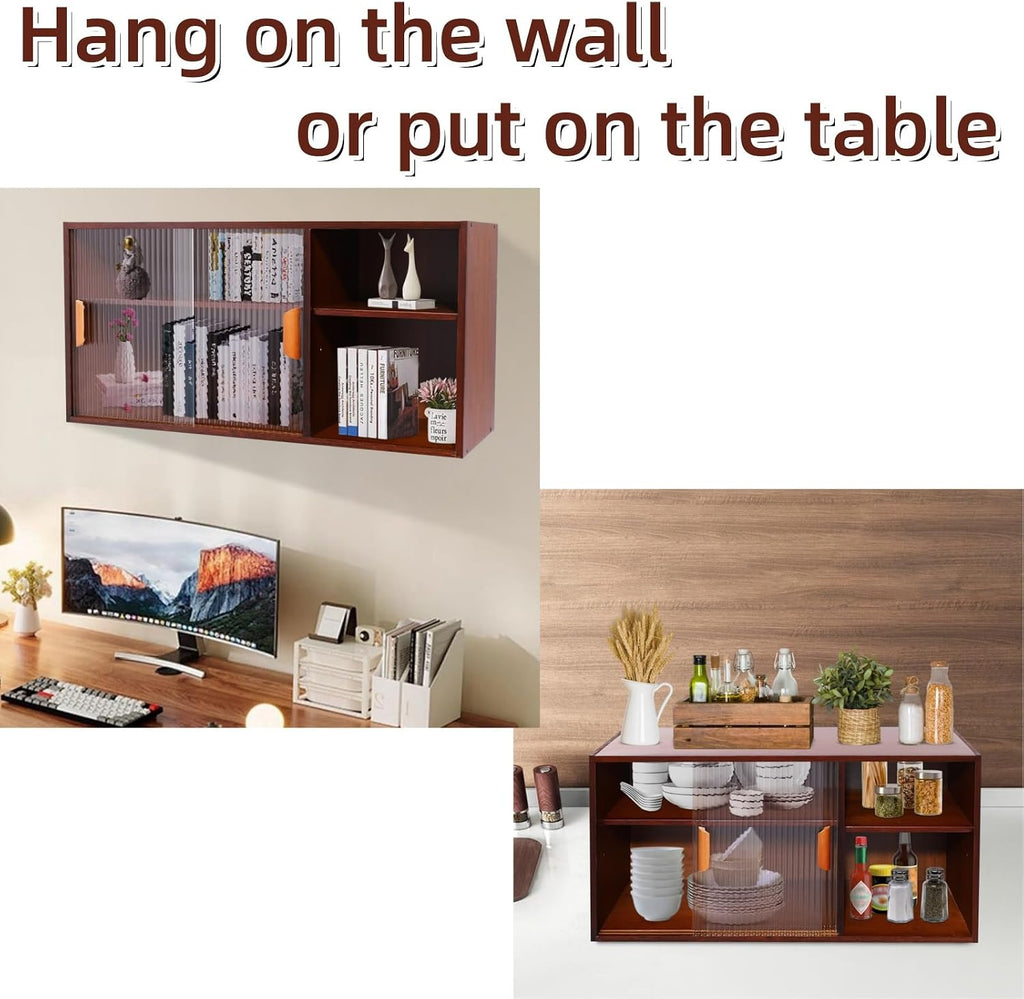 Kitchen Pantry Cabinet, Wall Mount or Countertop Sideboard with Glass Doors, 2 Tiers Rectangular Cupboard Food Pantry Cabinet for Kitchen, Dining Room, or Living Room (Walnut)