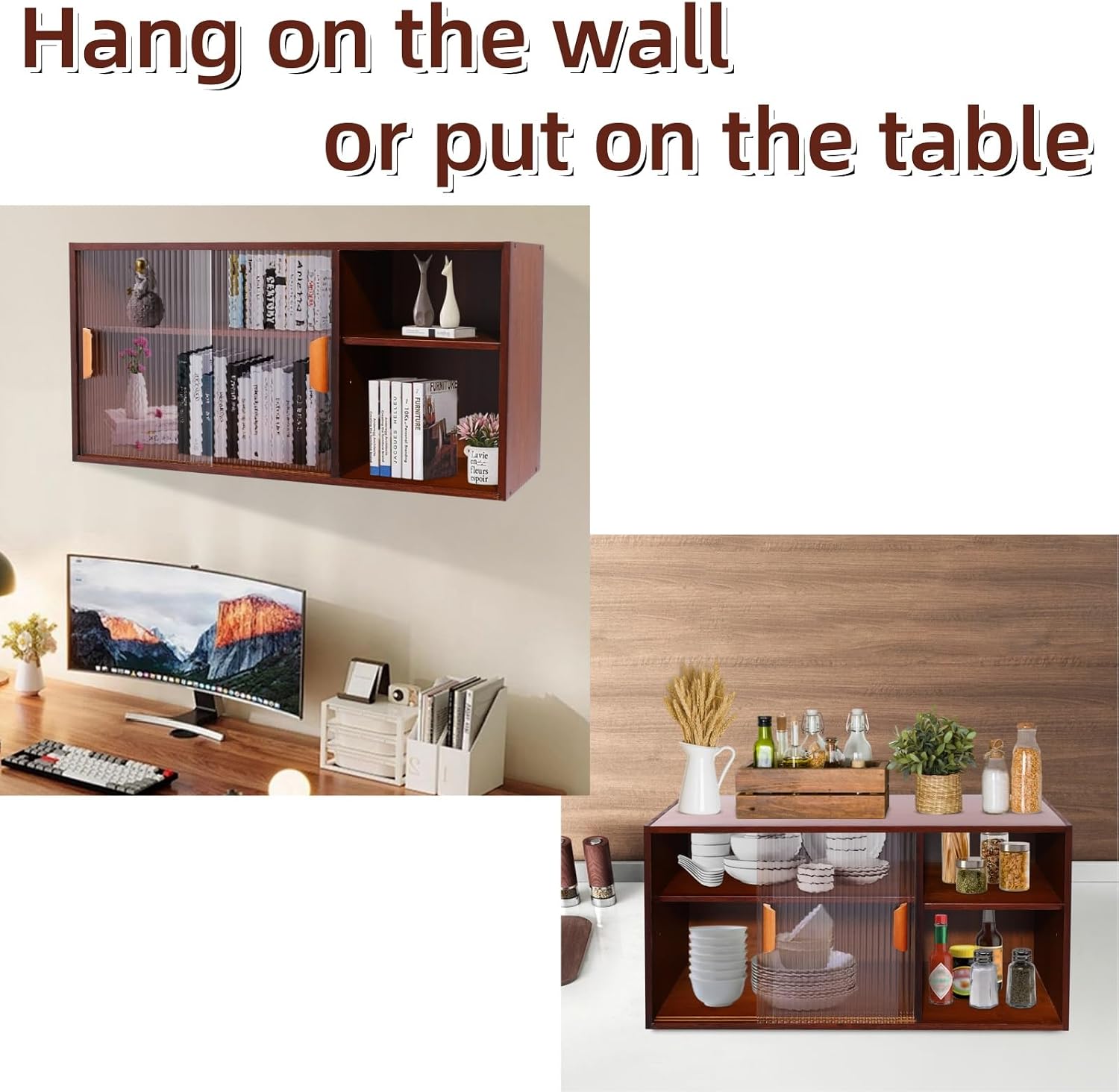 Kitchen Pantry Cabinet, Wall Mount or Countertop Sideboard with Glass Doors, 2 Tiers Rectangular Cupboard Food Pantry Cabinet for Kitchen, Dining Room, or Living Room (Walnut)