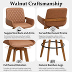 Swivel Counter Stool Set of 1 with Walnut Finish and Bamboo Legs, 26.3 Inch Counter Height Mid-Century Counter Stool with Curved Back and Armrests, Faux Leather Seat, Kitchen Island Seating, Brown