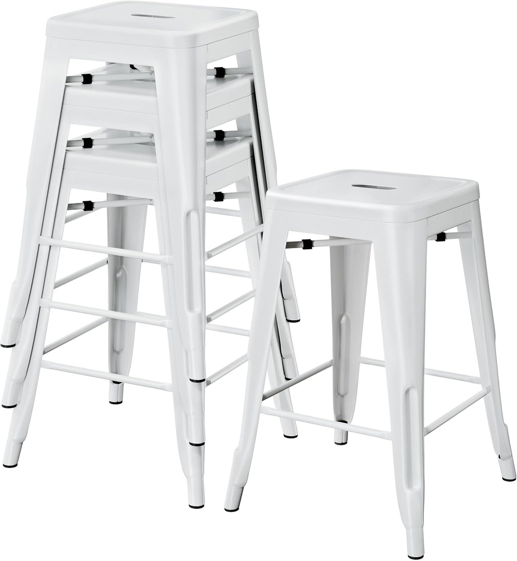 Yaheetech 24 Inch Metal Bar Stools Set of 4, Stackable Bar Chairs, White | No Assembly Counter Height Barstools with Footrest, 330 lb Load Capacity Patio Stools For Kitchen, Bar, Indoor & Outdoor Use