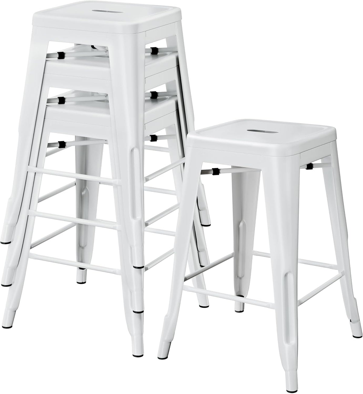 Yaheetech 24 Inch Metal Bar Stools Set of 4, Stackable Bar Chairs, White | No Assembly Counter Height Barstools with Footrest, 330 lb Load Capacity Patio Stools For Kitchen, Bar, Indoor & Outdoor Use