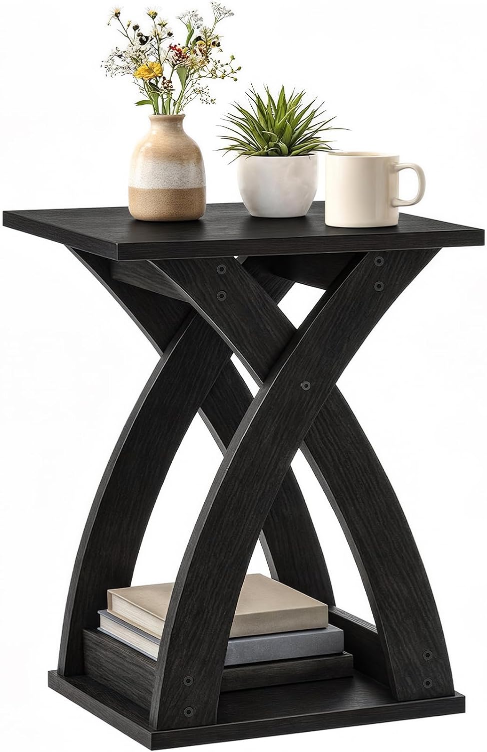 HOOBRO End Table Living Room, Narrow Side Table for Small Spaces, Black 3 Tier End Table with Storage Shelf, X-Design Slim Nightstand Bedside Table, Living Room, Bedroom, Black BK356BZ01N1