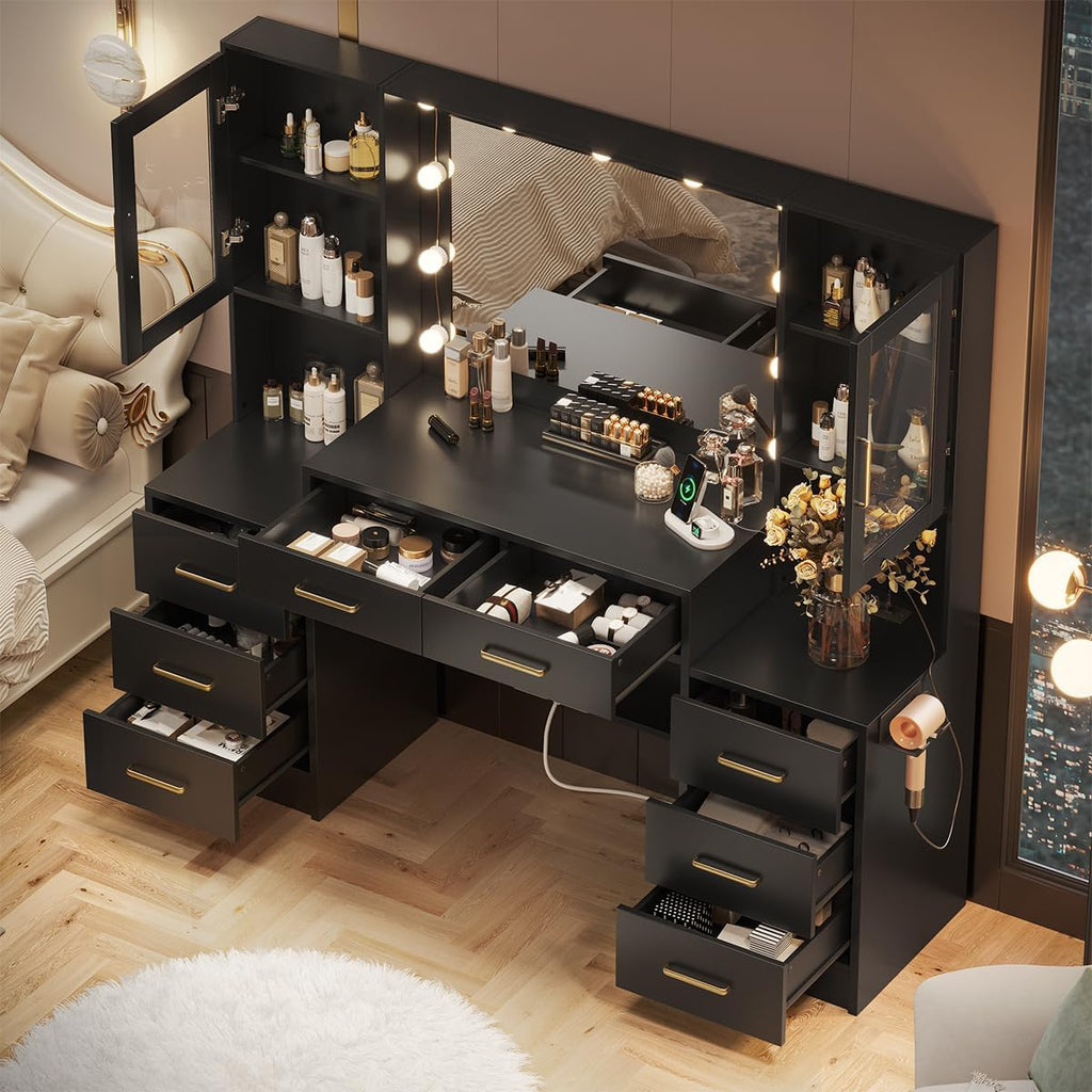 Makeup Vanity Desk with Mirror and Lights, 58.3" Makeup Vanity with Lights & Charging Station, Black Dressing Table Vanity Set Vanity Table with 8 Drawers & 2 Cabinets, with Installation tools
