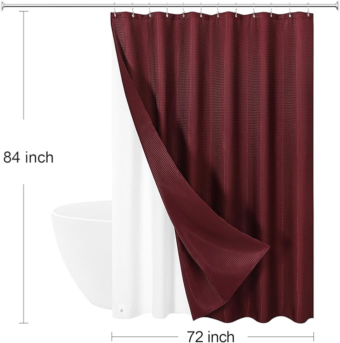 3 in 1 Extra Long Burgundy Shower Curtain Set-72 W x 84 H, Modern Waffle and PEVA Liner Set with 12 Stainless Steel Hooks, Waterproof Fabric for Bathroom