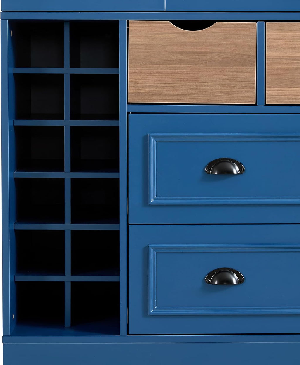 Polibi Farmhouse 71" Large Kitchen Pantry Cabinet with 4 Foldable Doors, Power Outlet, Wine Racks, Serving Trays, Adjustable Shelves & Drawers, for Dining Room Storage, Blue