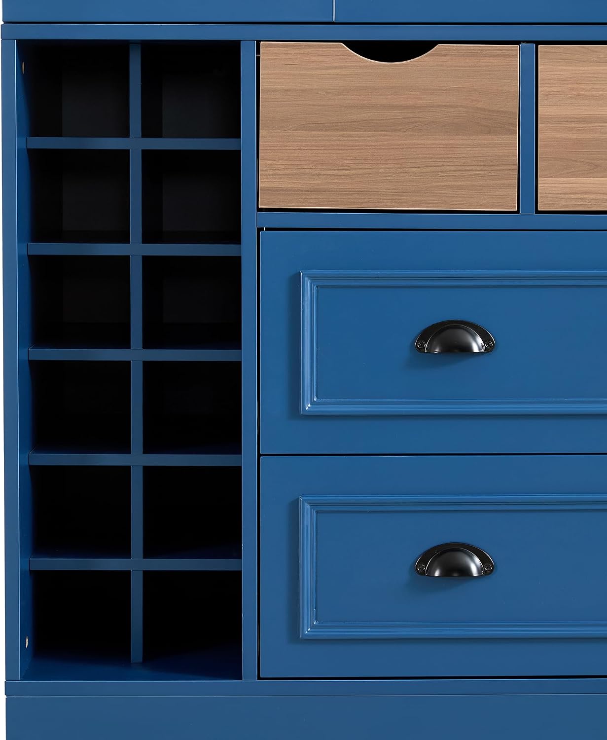 Polibi Farmhouse 71" Large Kitchen Pantry Cabinet with 4 Foldable Doors, Power Outlet, Wine Racks, Serving Trays, Adjustable Shelves & Drawers, for Dining Room Storage, Blue
