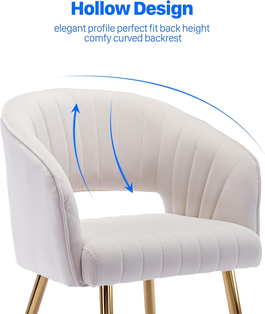 KCC Modern Velvet Desk Chair Accent Armchair Upholstered Tufted Chairs Dining Chairs, Tufted Vanity Chair Side Chairs with Gold Metal Legs for Dining Room Living Room Restaurant,1 PC &Cream