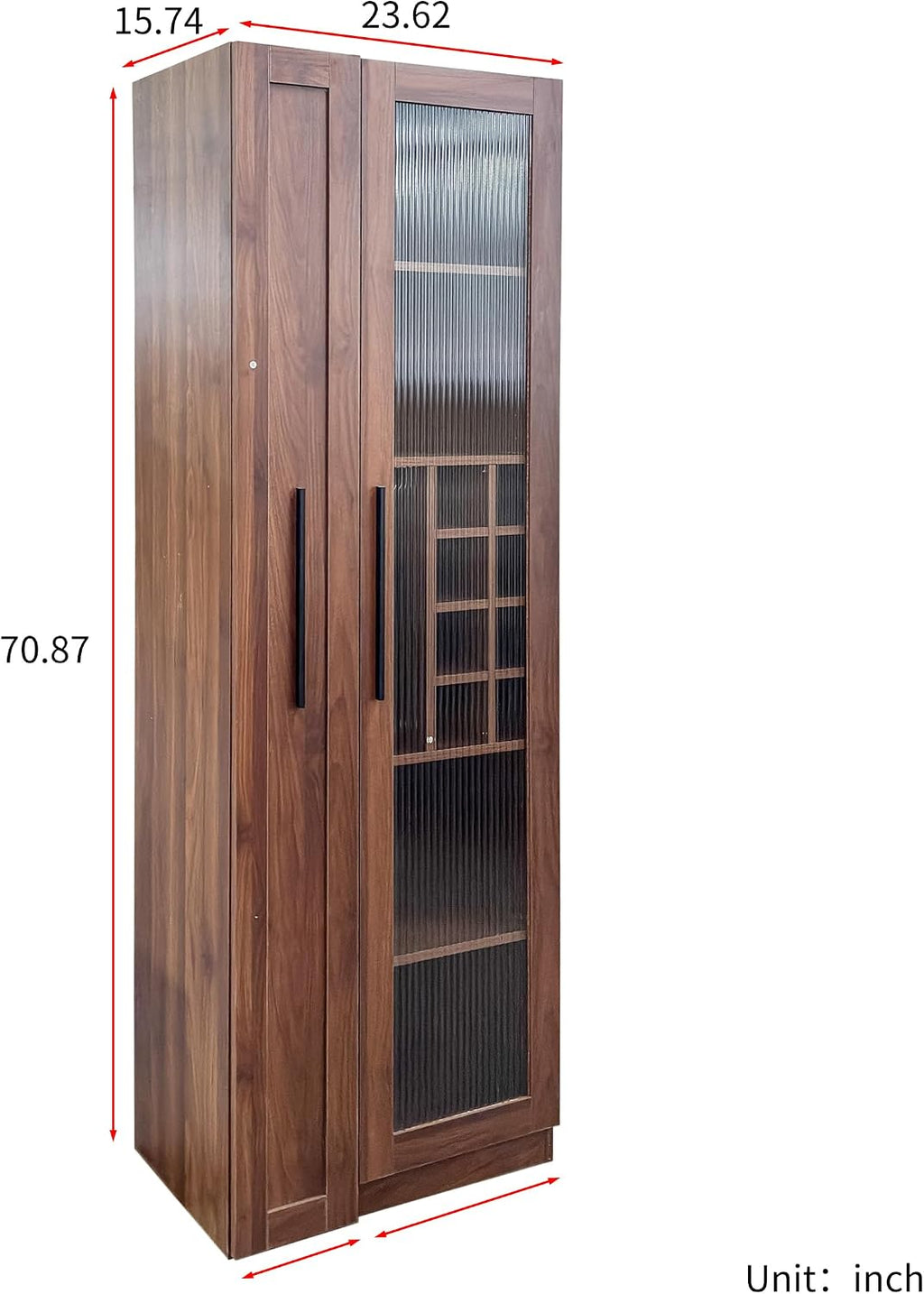 Kitchen Pantry Cabinet with Pull-Out 5-Tier Storage Shelf Space Saving Storage Organizer Cabinet with Glass Door Wine Racks Cup Holder for Kitchen, Dining Room, Bar, Walnut