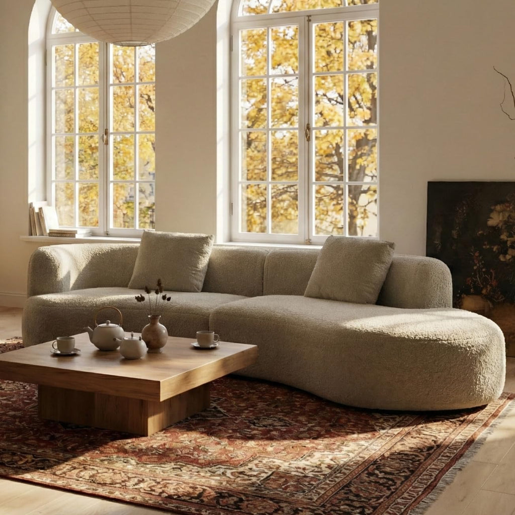 Acanva Modern Curved Sectional Living Room Couch, Minimalist Comfy Boucle Fabric Modular Sofa for Apartment, Home Office, 114" W Right Hand Facing, Light Coffee