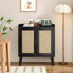 Sideboard Buffet Cabinet with Storage, Rustic Bar Liquor Cabinet with Boho Rattan Decorated Doors, Retro Credenza Console Table for Dining Room Living Room Hallway EntryWay, Black
