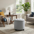 Adeco Round Storage Ottoman with Wheels, Tufted Linen Upholstered Rolling Footstool & Foot Rest for Living Room, Bedroom, Light Gray, 17.3 Inch