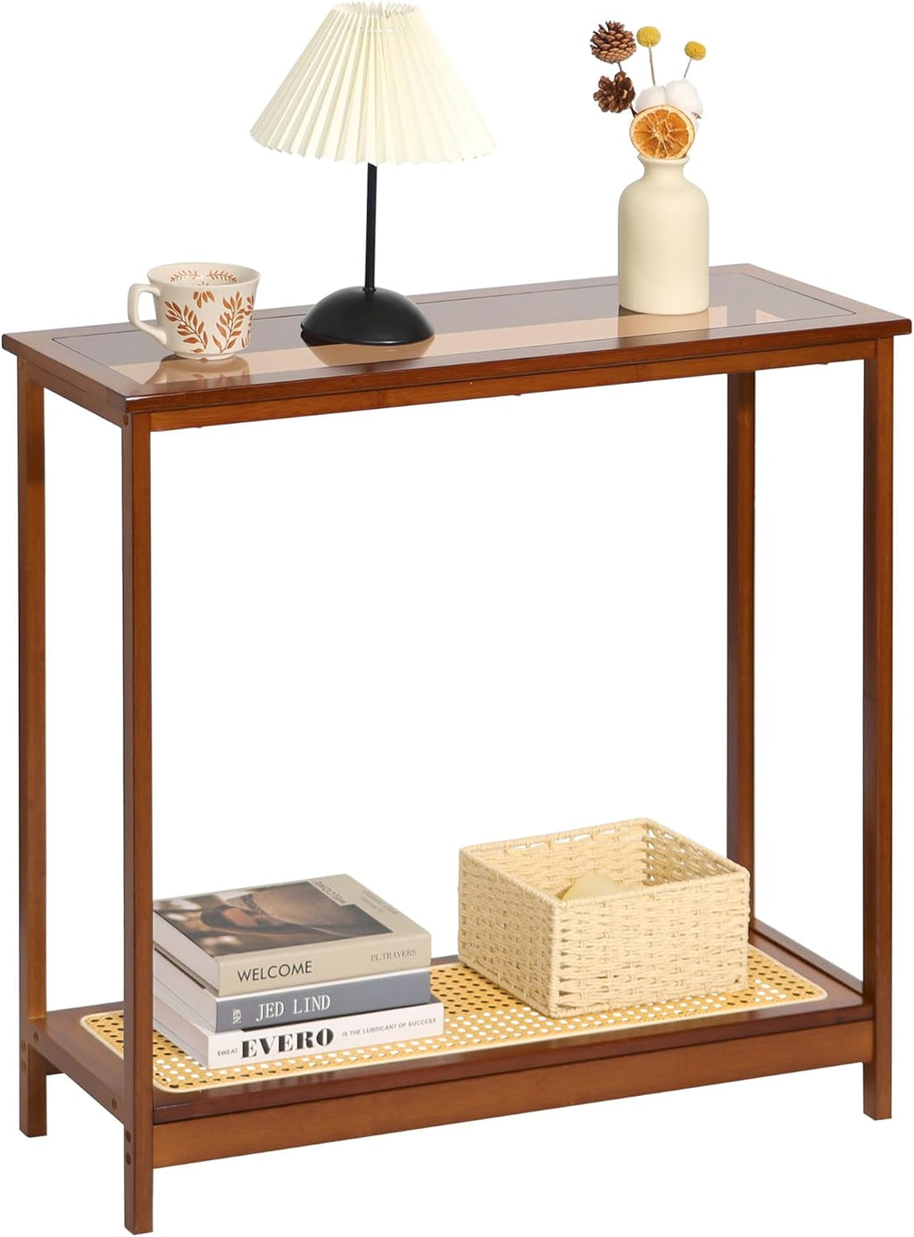 Bamboo Narrow Console Table, 31.5"(L) Wood Small Entryway Table with Rattan and Glass, Accent Slim Hallway Tables, Thin Sofa Side Tables for Hallway, Living Room, Bedroom, Foyer, Walnut