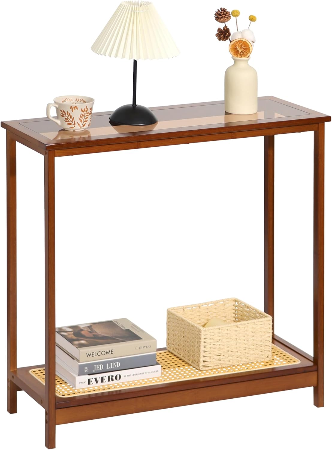 Bamboo Narrow Console Table, 31.5"(L) Wood Small Entryway Table with Rattan and Glass, Accent Slim Hallway Tables, Thin Sofa Side Tables for Hallway, Living Room, Bedroom, Foyer, Walnut