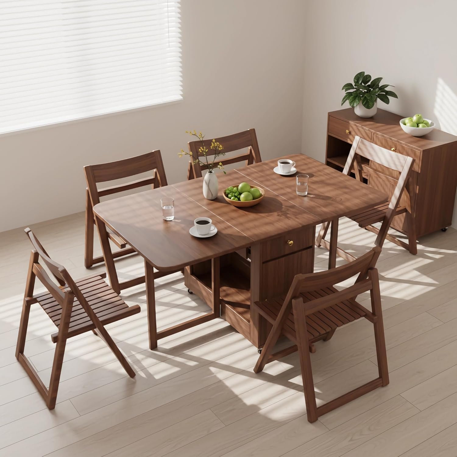 Extendable Drop Leaf Folding Dining Table with 2 Hidden Storage Drawers and 4 Wheels, No Assembly Required Space Saving Table for Small Spaces, Living Room & Kitchen (59.06 inch Table & 8 Chairs)