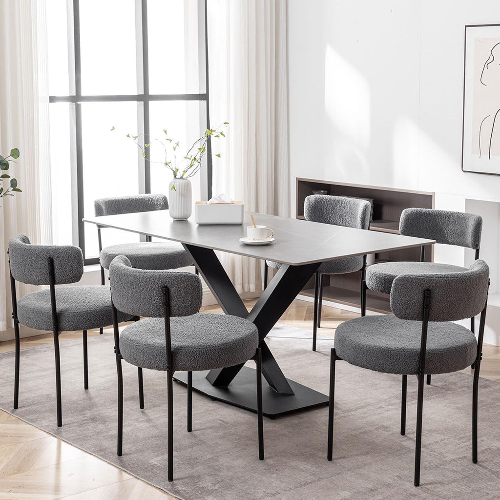 Cinxzar Grey Boucle Dining Chairs Set of 6, Upholstered Dining Room Chairs with Black Metal Legs, Modern Dining Chair for Dining Room, Kitchen