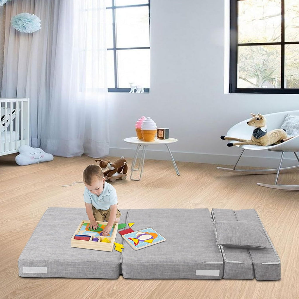Folding Sleeper Chair Sofa Bed Lazy Couch with Pillow, Fold Out Chair Bed | Foam Futon Floor Couch, Convertible Sofa for Small Space Apartment Guest Room, Twin Size, Light Gray