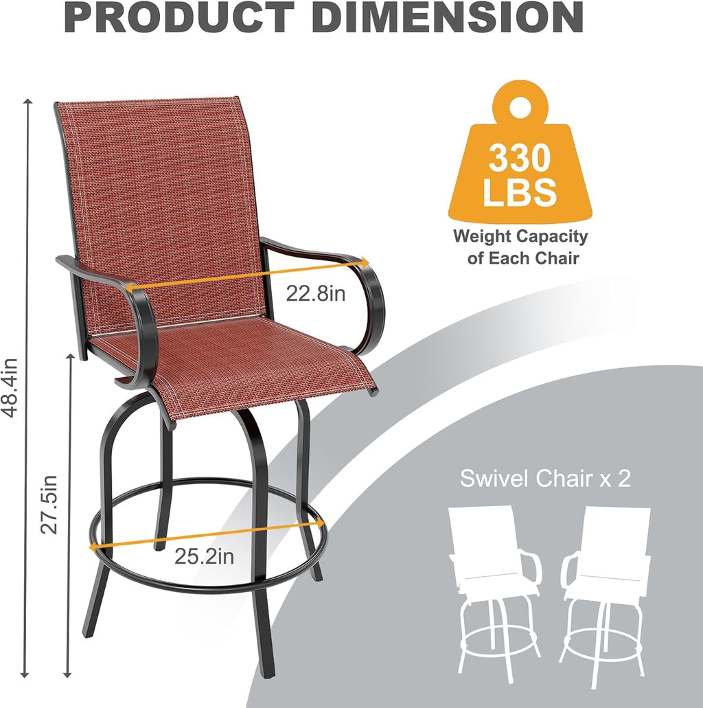 2 Piece Outdoor Swivel Bar Stools, All-Weather Bar Height Patio Chairs with High Back & Armrest, 360° Swivel Tall Barstools for Patio, Deck, Backyard, Garden-Red