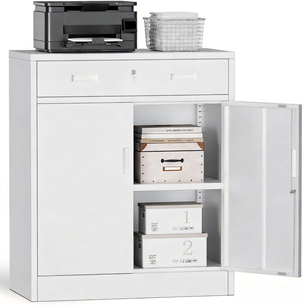Metal Storage Cabinets with Drawer, 36" H Lockable Storage Cabinet with Doors and Adjustable Shelves, Small White Steel File Cabinet for Home, Office, Warehouse, School, Assembly Required