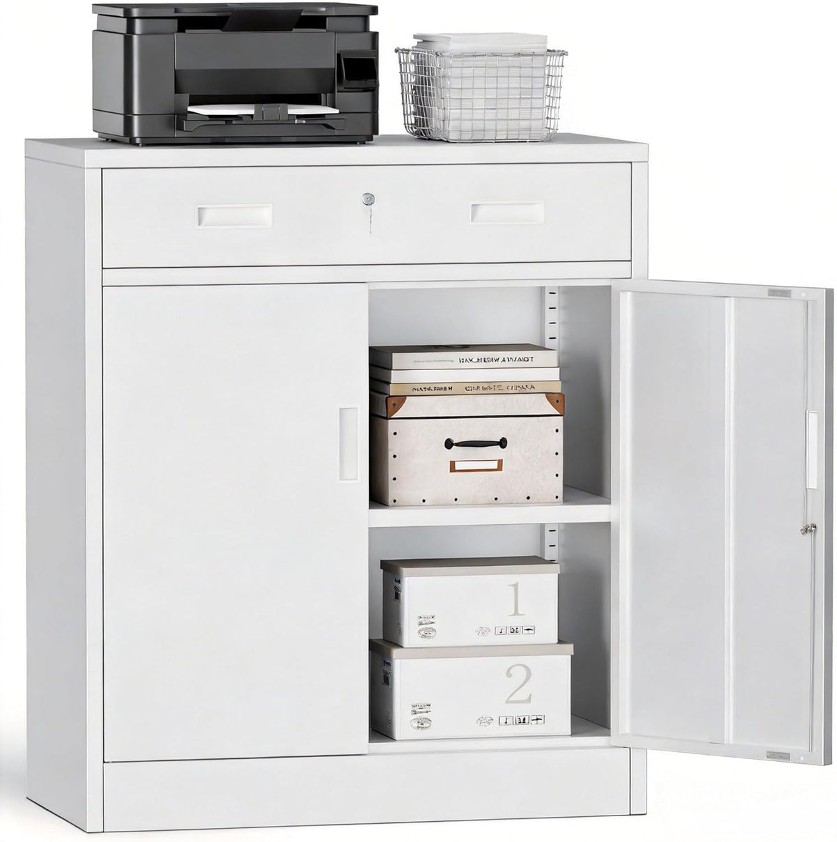 Metal Storage Cabinets with Drawer, 36" H Lockable Storage Cabinet with Doors and Adjustable Shelves, Small White Steel File Cabinet for Home, Office, Warehouse, School, Assembly Required