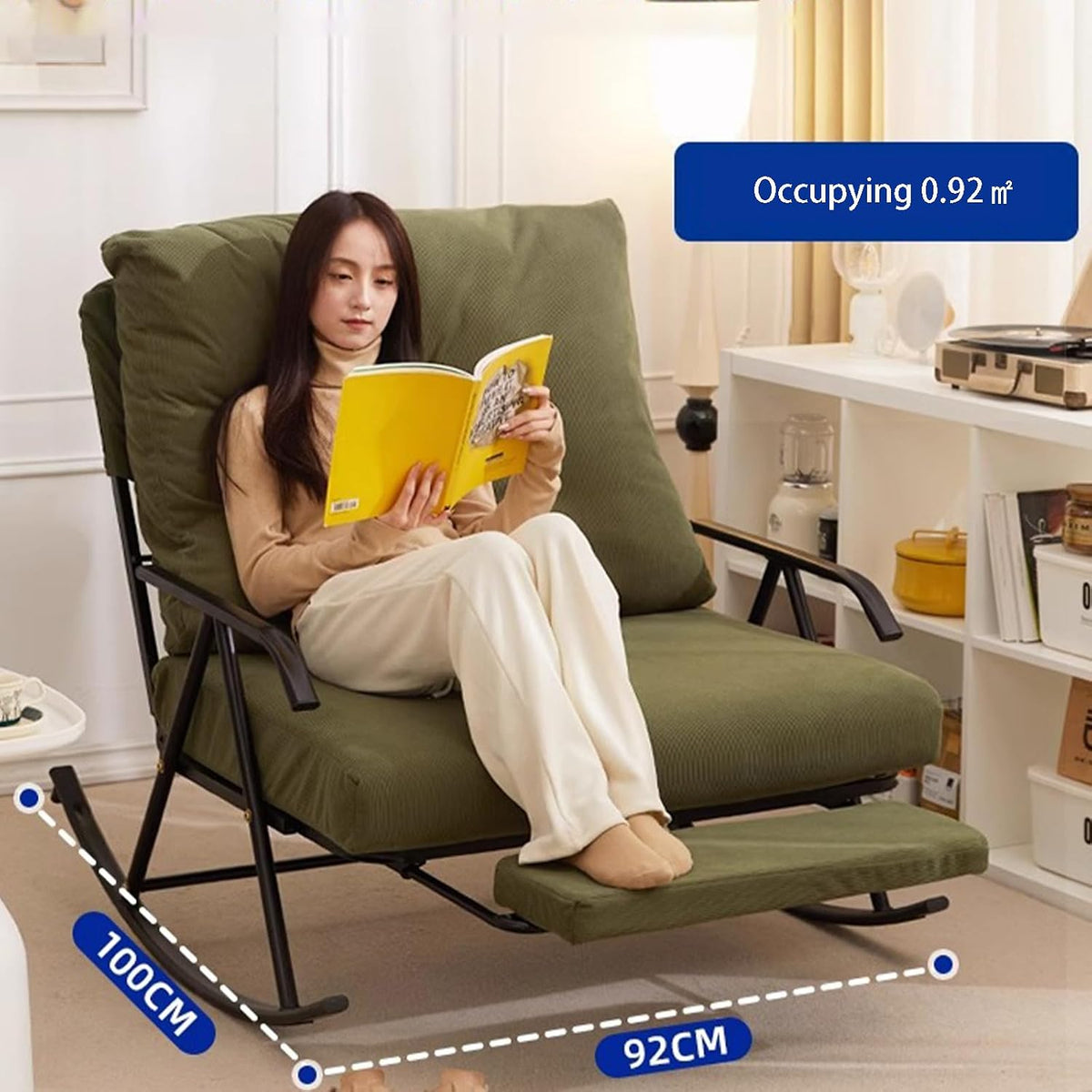 92cm Wide Double Rocking Chair,Featuring an Adjustable backrest and Retractable footrest, Suitable for Balconies, bedrooms, and Living Rooms Green