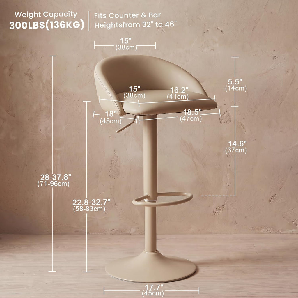 YOUNUOKE Bar Stools Set of 2 Modern Swivel Bar Stools, Khaki | PU Leather Adjustable Counter Height Stool with Low Back, Comfy Barstools for Kitchen Island, Cafe Bar