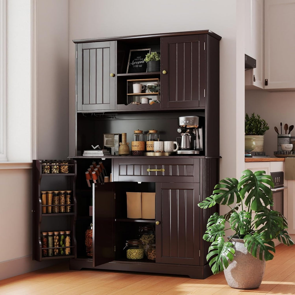 Gizoon Tall Kitchen Storage Cabinet with Door and Shelves Dark Brown | Kitchen Pantry Cabinet with Storage 67" Large Coffee Bar Hutch with Storage for Dining Room Kitchen and Living Room, Painted