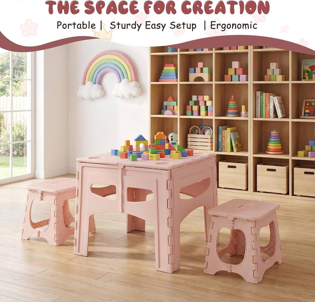 cdar Toddler Table and Chair Set, Kids Table and Chairs, 1 Folding Desk and 2 Chairs, Kids Folding Tables and Chair for Indoor Outdoor Use Light Pink
