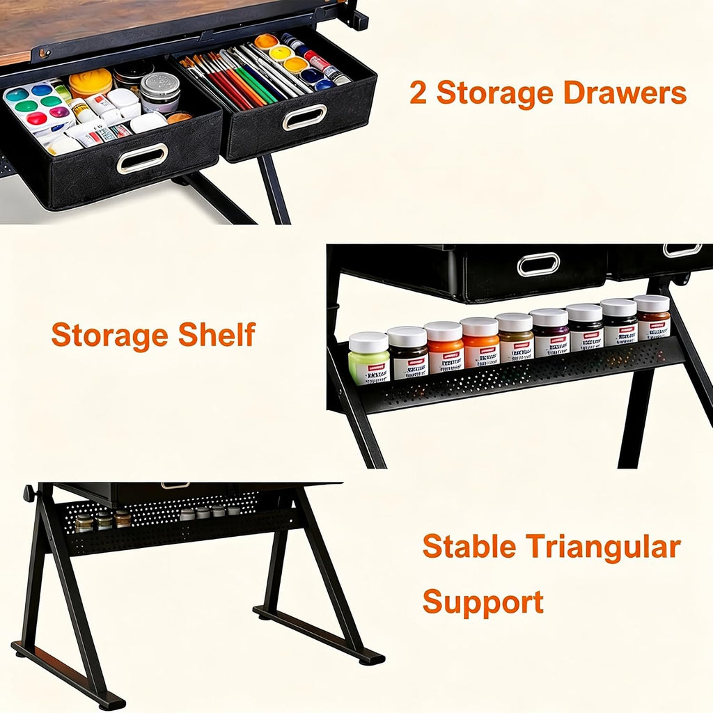 Garvee Height Adjustable Drafting Table, 0-75°Tilting Drawing Desk | Artist Table w/Stool, Multifunctional Art Craft Workstation with 2 Storage Drawers for Home Office Reading Writing Crafting