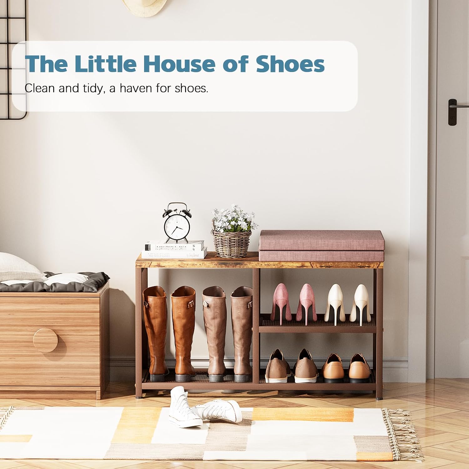 Shoe Rack Bench for Entryway 3-Tier, Free Standing Shoe Racks with Seat Cushion, Narrow Shoe Storage Shelf with Boot Organizer, Shoe Rack for Small Spacesh with Wood Bench (Brown+Brown)