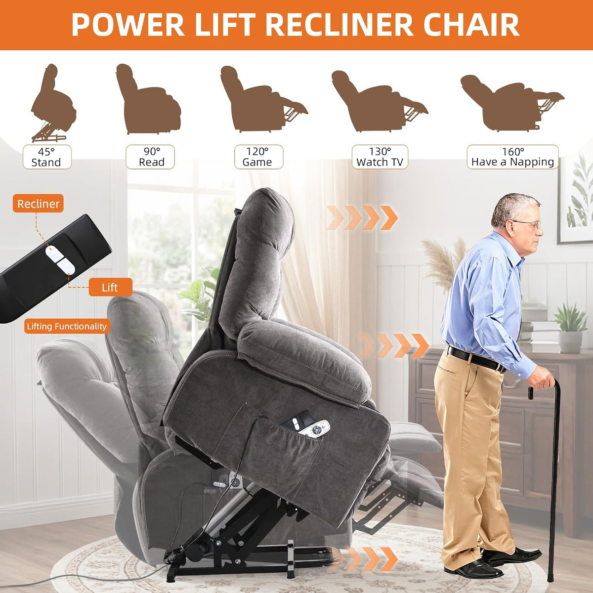 Power Lift Recliner Chair for Elderly,8-Point Vibration Massage & Heat,Electric Lift Chair with Two Cup Holders,4 Side Pockets,Extended Footrest for Living Room