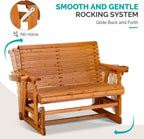 VINGLI Outdoor Glider Wood Patio Chair with Cup Holders, Outdoor Bench Glider Loveseat with Smooth Rocking Mechanism, Heavy Duty 800 LBS