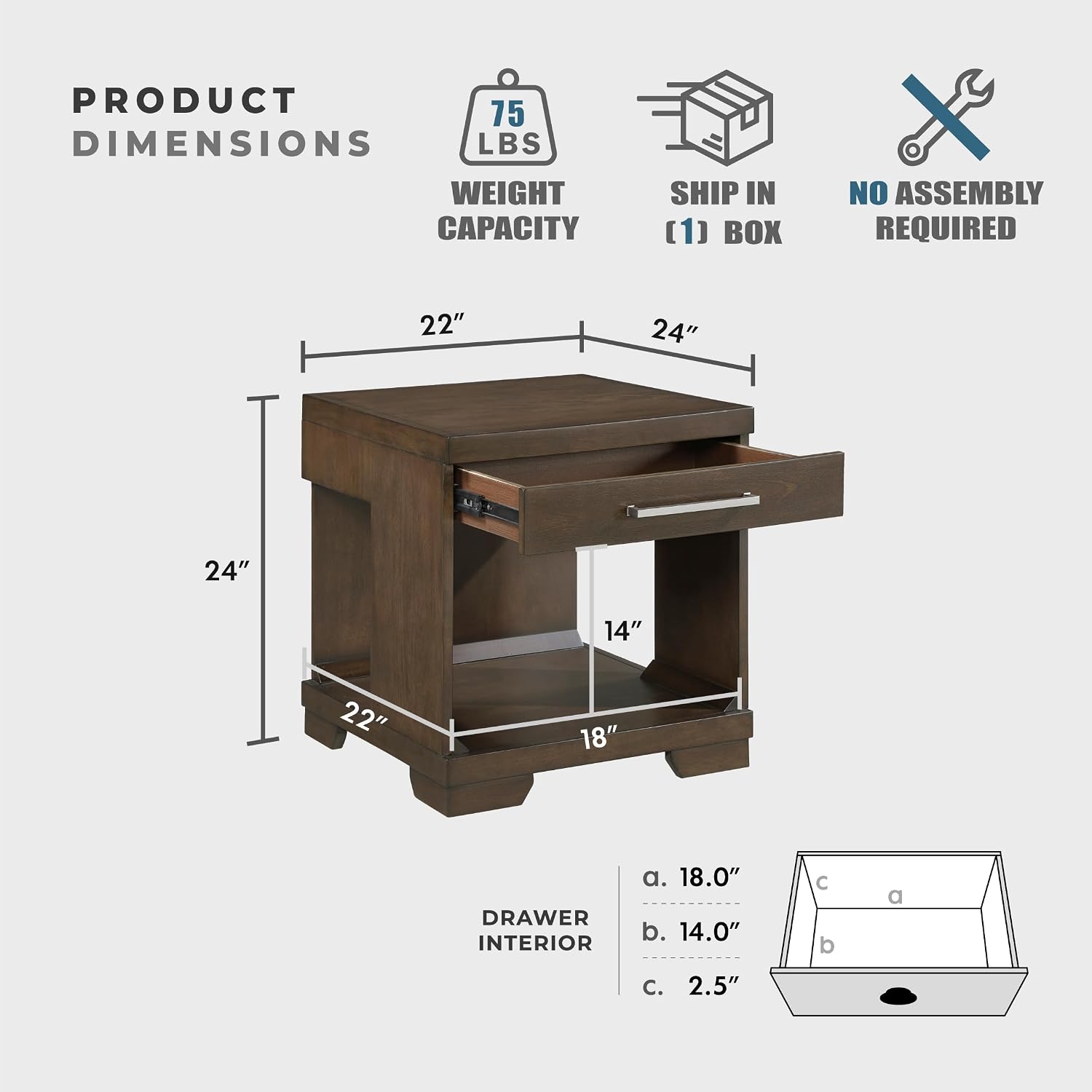 Lexicon Rectangle Wood End Table with Drawer and Lower Open Shelf, Mango Wood Veneer Small Side Table for Contemporary Living Room/Bedroom, Fully Assembled, Espresso
