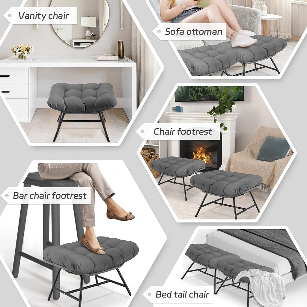 BULEXYARD 2 Pieces Outdoor Patio Ottomans, Multipurpose All Weather PE Rattan Ottoman Set, Indoor Outdoor Wicker Footrest with Removable Thicken Padded Cushions (Grey)