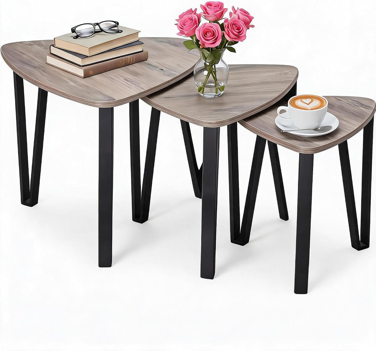Nesting Coffee Tables Set of 3,Triangle Rustic Industrial Side End Tables for Home