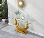 3 Piece Living Room Table Set, Rectangle Tempered Glass Coffee Table, End Tables, Console Table, Luxury Modern Clear Coffee Table Set of 3 with Gold Steel Base for Living Room, Apartment