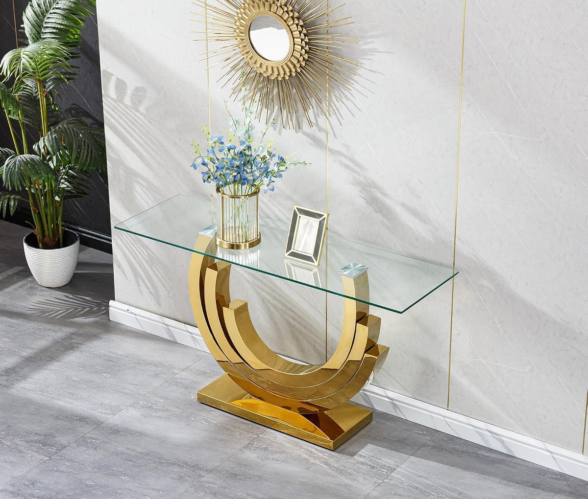 3 Piece Living Room Table Set, Rectangle Tempered Glass Coffee Table, End Tables, Console Table, Luxury Modern Clear Coffee Table Set of 3 with Gold Steel Base for Living Room, Apartment