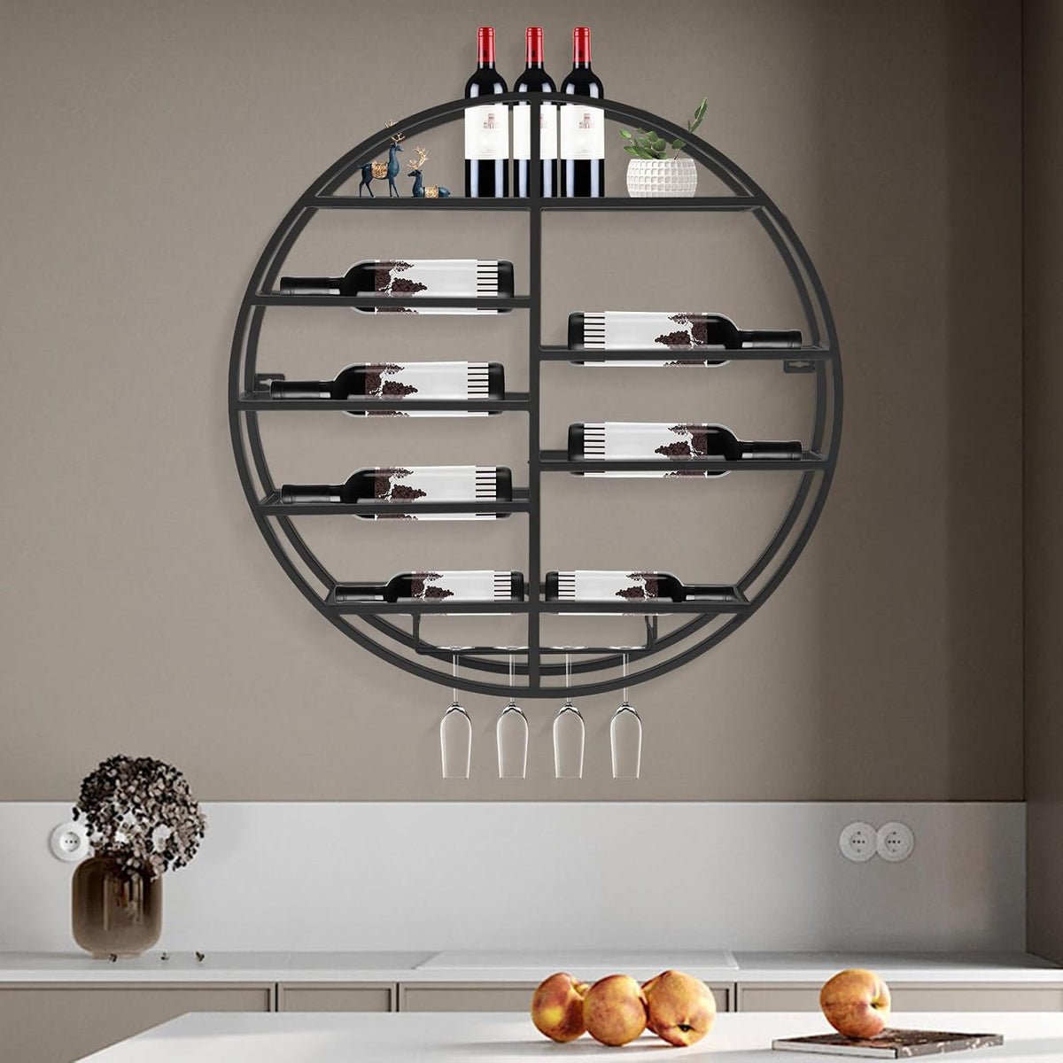 23.6 Inch Wall Mounted Wine Rack w/Glass Holder, Round Iron Wine Shelf, 7 Bottle Horizontal Storage & 4 Glass Hanging Rail, Modern Floating Display for Kitchen & Bar (Black/Gold) (Black)