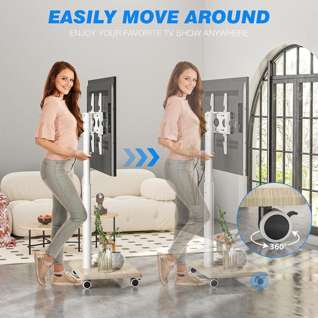 Rfiver Rolling TV Stand for 32 to 70 Inch TVs, Modern Corner TV Stand with Upgraded Wheels, 9 Levels of Height & ±30° Swivel Adjustable Mobile TV Mount Stand for Bedroom, Corner, Small Dorm, White