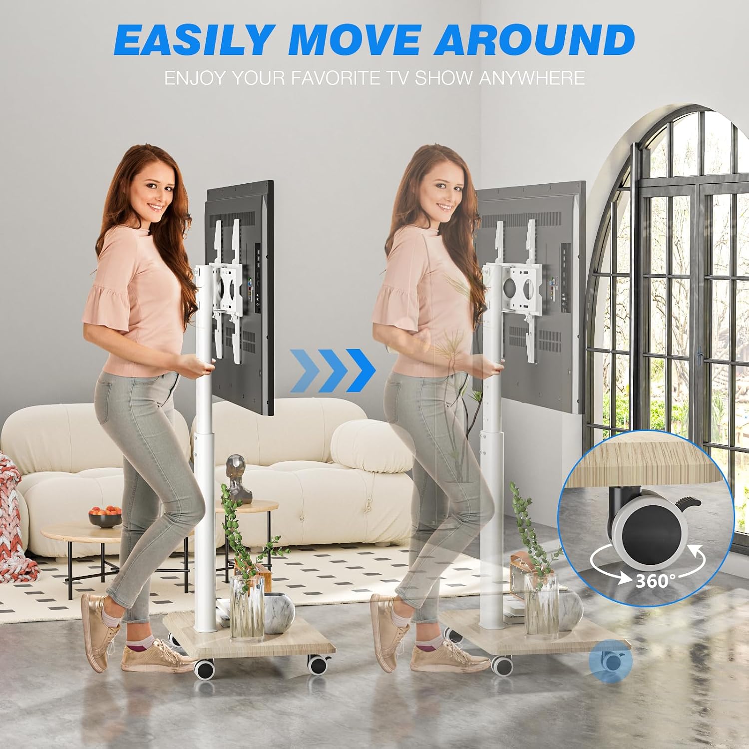 Rfiver Rolling TV Stand for 32 to 70 Inch TVs, Modern Corner TV Stand with Upgraded Wheels, 9 Levels of Height & ±30° Swivel Adjustable Mobile TV Mount Stand for Bedroom, Corner, Small Dorm, White