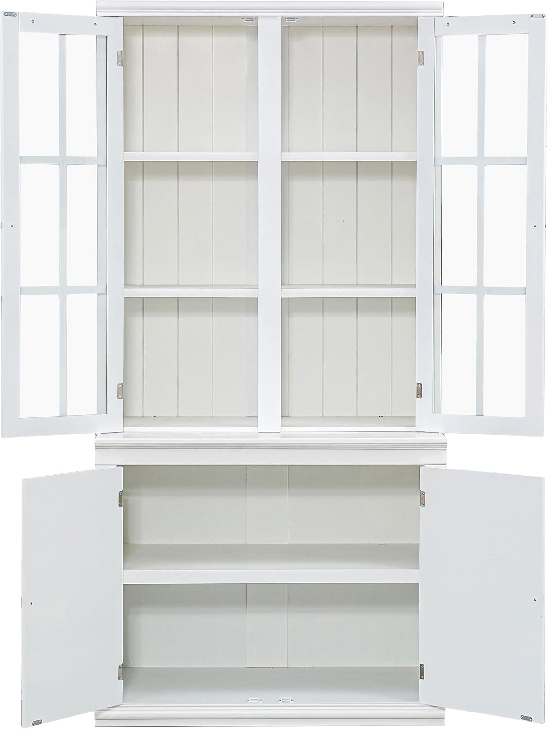 Havemies 36” Wide Freestanding Pantry with Glass Lattice Door, 75” Tall Farmhouse Kitchen Cabinet for Dishes, Linens & Storage, White Finish