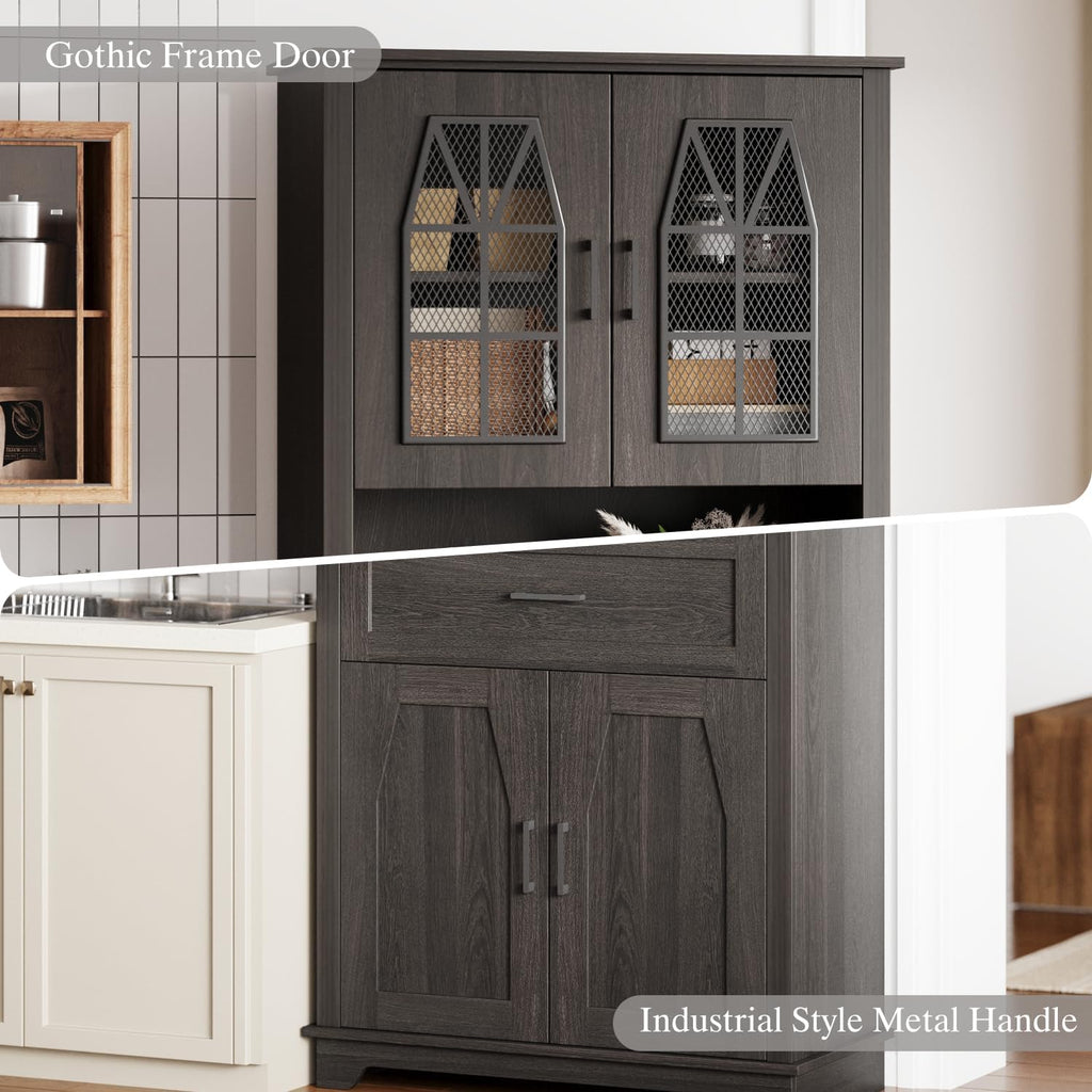 Kitchen Pantry Storage Cabinet with Doors and Shelves, Industrial Pantry Storage with Iron Mesh Doors for Kitchen Dining Room, Living Room, Black