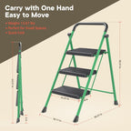 Green 3 Step Stool Foldable – Heavy-Duty Foldable Step Stool for Adults, 500 lbs Capacity, Anti-Slip Feet & Wide Steps, Sturdy Steel Frame, Lightweight & Space-Saving Design for Home, Kitchen & Garage