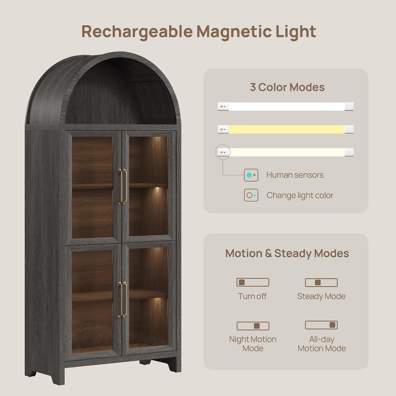 SICOTAS 74" Arched Display Cabinet with Glass Doors Set of 2, Dark Grey Oak